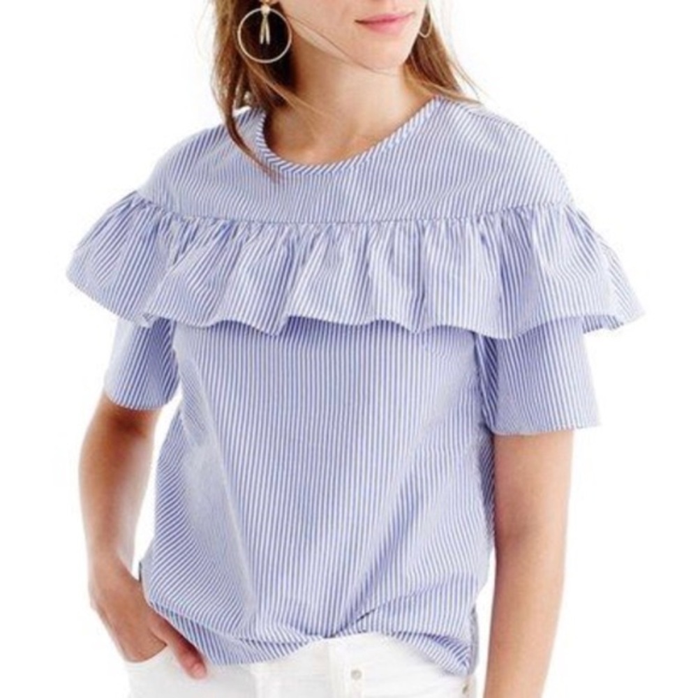 J.Crew Ruffle Blouse Blue Striped Nautical Short